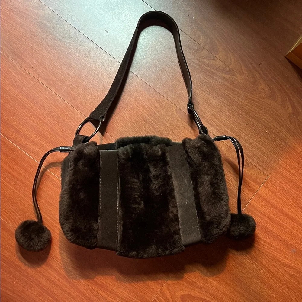 Stuart Weitzman chocolate velvet brown shoulder purse with brass‎ accents